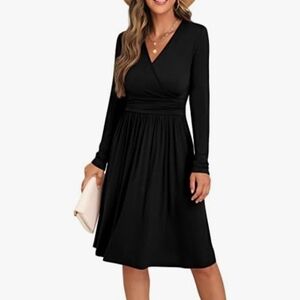 Grecerell Black Faux Wrap Long Sleeve Dress, Women's Small